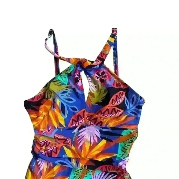 NWT Bleu Rod Beattie 6 Multi Color Tropical One Piece Swimsuit Halter High Neck - Picture 2 of 4